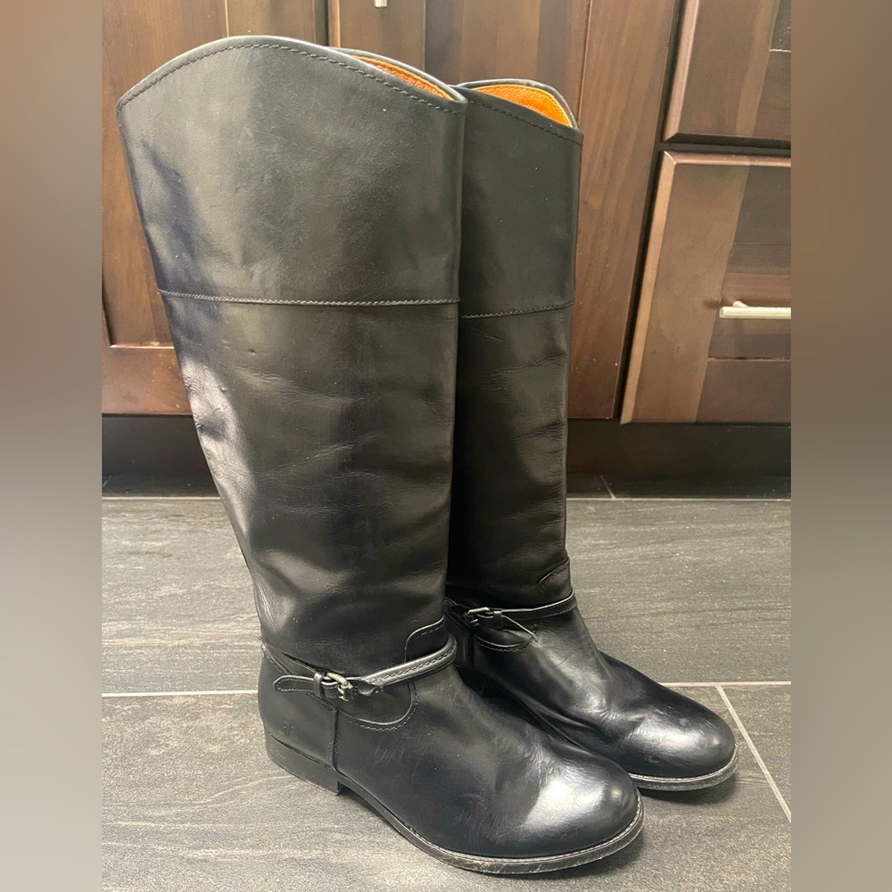 FRYE Women Melissa Belted Knee High Tall Riding Black Leather Boots US 7 campus - Picture 2 of 7